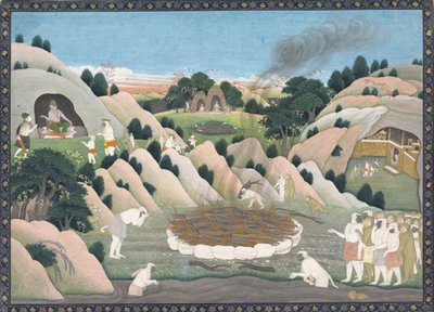 محرقة جنازة الملك القرد فالي: ورقة مصورة من سلسلة رامايانا المتفرقة ، كاليفورنيا. 1780. بواسطة ورشة عمل نشطة في الجيل الأول بعد نينسوخ
