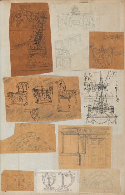 صفحة من دفتر قصاصات تحتوي على رسومات والعديد من المطبوعات المعمارية ، Int ... ، كاليفورنيا. 1800-1850. التأليف: ورشة عمل تشارلز بيرسييه ، ورشة عمل بيير فرانسوا ليونارد فونتين. بواسطة ورشة عمل تشارلز بيرسيير ، ورشة عمل بيير