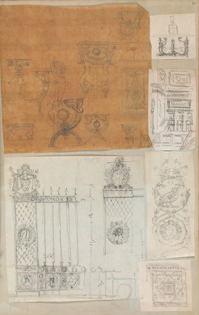 صفحة من دفتر قصاصات تحتوي على رسومات والعديد من المطبوعات المعمارية ، Int ... ، كاليفورنيا. 1800-1850. التأليف: ورشة عمل تشارلز بيرسييه ، ورشة عمل بيير فرانسوا ليونارد فونتين. بواسطة ورشة عمل تشارلز بيرسيير ، ورشة عمل بيير