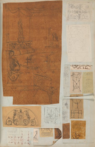 صفحة من دفتر قصاصات تحتوي على رسومات والعديد من المطبوعات المعمارية ، Int ... ، كاليفورنيا. 1800-1850. التأليف: ورشة عمل تشارلز بيرسييه ، ورشة عمل بيير فرانسوا ليونارد فونتين. بواسطة ورشة عمل تشارلز بيرسيير ، ورشة عمل بيير