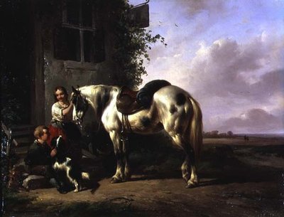 خارج نزل مع فتاة صغيرة ، ولد ، كلب ، حصان بواسطة Wouterus Verschuur