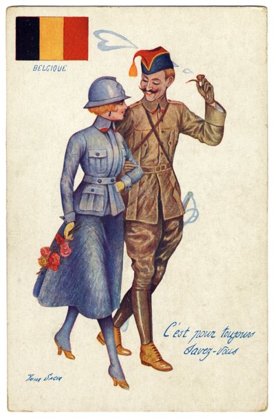 أول بطاقة بريدية بلجيكية في الحرب العالمية الأولى الانسجام بين الحلفاء ، حوالي عام 1917 بواسطة كزافييه ساجر