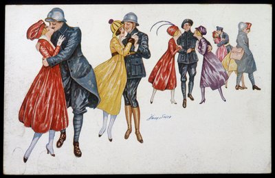 العسكريون وخطيباتهم ، مارينيس أو أصدقائهم - رسم توضيحي بواسطة إكزافييه ساغر (1870-1930) بطاقة بريدية ، إصدار 1915 بواسطة كزافييه ساجر