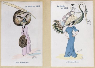 &39;The Eagle Owl Fur Hat&39; و &39;The Crane Hat&39; ، لوحات الأزياء الكرتونية ، 1910 بواسطة كزافييه ساجر