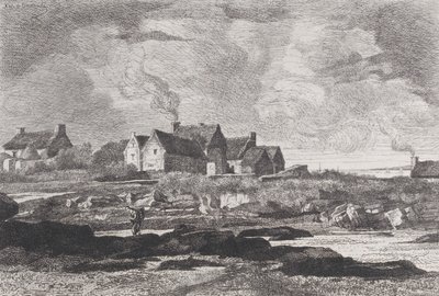 منظر ريفي مع نهر يجري على اليمين ومنازل في الخلفية ، 1845-1875. بواسطة كزافييه دي دانانش