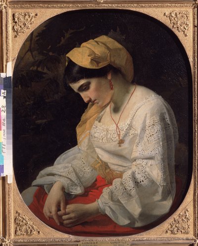 عروس شابة (عروس). صورة شخصية لامرأة شابة حزينة بتعبير مستقيل. رسم ياكوف فيودوروفيتش كابكوف (1816-1854) ، زيت على قماش بواسطة ياكوف فيودوروفيتش كابكوف