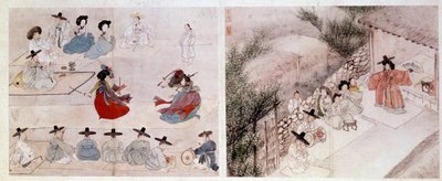 آرت كورن: مشهد قتالي نسائي في الحياة اليومية. طبعات بواسطة Sin Yun Bok (أو Hyewon فعلت في 1758). القرن الثامن عشر أو التاسع عشر. مجموعة هيونغ بيل تشون بواسطة يونبوك سين