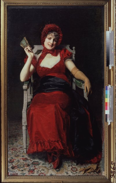امرأة في فستان من طراز Directoire (سيدة في فستان Directoire). ترتدي قفازًا وتحمل مروحة ، الفستان أحمر اللون ليناسب غطاء الشريط وحذاءها. لوحة ليوري جاكوفليفيتش ليمان (يوري ليمان) (1834-1901) ، زيت على ر بواسطة يوري جاكوفليفيتش ليمان