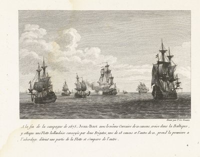 Jan Bart valt Hollandse schepen in de Baltische zee aan، 1675 في نهاية حملة 1675 ، هاجم جان بارت بنفس قرصان 10 بنادق ، مبحرًا في بحر البلطيق ، أسطولًا هولنديًا (...) (العنوان على الكائن ) مجموعة من معارك جان بار بواسطة إيف ماري لو جوز