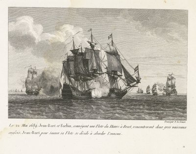 Jan Bart valt Twee Engelse schepen aan، 1689 في 22 مايو 1689 ، واجه جان بارت وفوربين ، أثناء نقل أسطول من لوهافر إلى بريست ، سفينتين إنجليزيتين كبيرتين ، قرر جان بارت لإنقاذ أسطوله الاقتراب من العدو (العنوان على الجسم) جمع ج بواسطة إيف ماري لو جوز