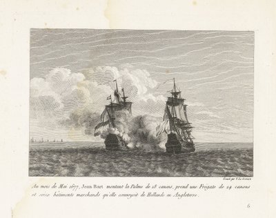 جان بارت verovert een Hollands Fregat ، 1677 في شهر مايو 1677 ، ركب جان بارت 18 بندقية بالمه ، وأخذت فرقاطة 24 مدفعًا وستة عشر سفينة تجارية كانت تنقلها من هولندا إلى إنجلترا (العنوان على الجسم) مجموعة من معارك جيا بواسطة إيف ماري لو جوز
