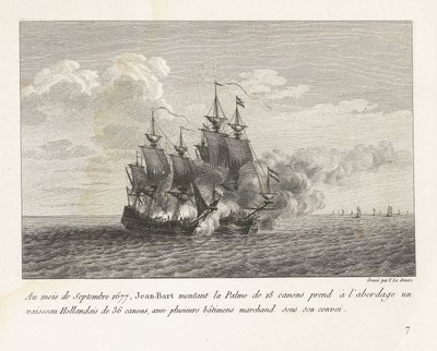 جان بارت verovert een Hollands Fregat ، 1677 في سبتمبر 1677 ، صعد جان بارت على بالمه 18 مدفعًا على متن سفينة هولندية بها 36 مدفعًا ، مع العديد من السفن التجارية تحت قافلته (العنوان على الجسم) مجموعة من المعارك بواسطة إيف ماري لو جوز