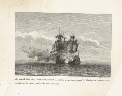 جان بارت verovert een Hollands Fregat ، 1678 في مارس 1678 ، صعد جان بارت ، وهو يركب دوفين 14 مدفعًا ، على متن سفينة هولندية بها 32 بندقية ، وخفر السواحل أمام تيكسل (العنوان على الجسم) مجموعة من معارك جان بارت ، رئيس Es بواسطة إيف ماري لو جوز