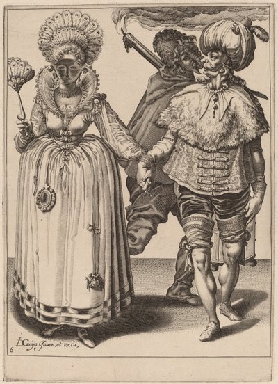 رجل بعمامة يقود امرأة ترتدي ريش الطاووس بواسطة Zacharias Dolendo after Jacques de Gheyn II