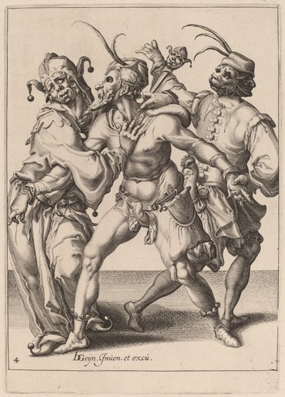 ثلاث ممرضات راقصة ، بما في ذلك مهرج بواسطة Zacharias Dolendo after Jacques de Gheyn II