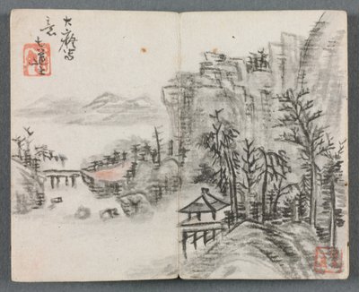 ألبوم مصغر بأشكال ومناظر طبيعية منحدر مع جسر ، 1822. بواسطة Zeng Yangdong