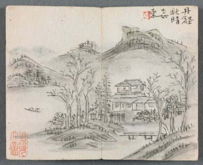 ألبوم مصغر بأشكال ومناظر طبيعية مع تل ، منزل ، قارب وجسر ، 1822. بواسطة Zeng Yangdong