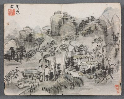 ألبوم مصغر بالأشكال والمناظر الطبيعية مع مبنيين ، 1822. بواسطة Zeng Yangdong