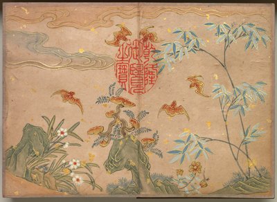 ألبوم المكتب: لوحات الزهور والطيور الخفافيش ، الصخور ، الخط البيضاوي للزهور ، القرن الثامن عشر. بواسطة Zhang Ruoai