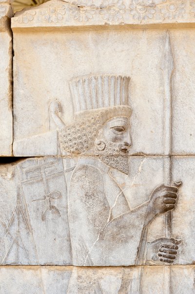 Ancient relief of Achaemenid; Persian with lance; soldier of Immortal Guard on the Apadana Palace; archaeological site; ancient Persian city Persepolis; UNESCO World Heritage Site; Fars Province; Iran; Asia بواسطة فريدريك (المرتبط ب) بارنارد