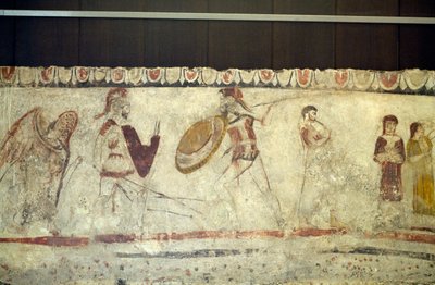 مشهد معركة بين محاربين ، لوحة جدارية من Necropolis في Andriuolo-Laghetto في Paestum ، كامبانيا ، إيطاليا ، الحضارة اليونانية القديمة ، Magna Graecia ، القرن الرابع قبل الميلاد (صورة) بواسطة سيفيريني سيفيريني