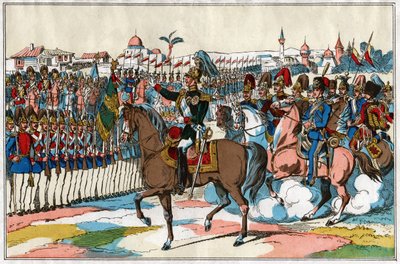 الإمبراطور ألكسندر الثاني يراجع قواته قبل إعلان الحرب على تركيا (1877). حوالي عام 1880 (رسم توضيحي) بواسطة . .