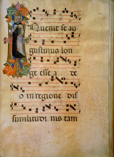 Illuminated initial with the figure of Saint Augustine (Corale 19, c. 149), work by Silvestro dei Gherarducci for choir book 19 of Santa Maria degli Angeli conserved in the Biblioteca Medice-Laurenziana in Florence بواسطة المدرسة الكندية