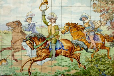منظر داخلي ، لوحة قرميدية ، الرسام فورسي إرنست تونديور ، المنفذ Boch Frères La Louvière ، اللوحة الأولى ، مشهد صيد بثلاثة خيول ، التفاصيل بواسطة . .