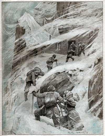 سائحون إيطاليون عالقون في العاصفة في جبال الألب الإيطالية. 1925 (رسم توضيحي) بواسطة . .