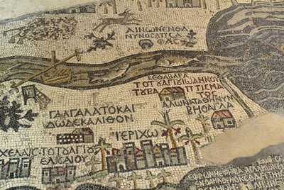 Jericho and its surroundings, including the river Jordan and dead Sea, detail of the Holy Land map, floor mosaic, ca 560 AD, apse of the Basilica of Saint George, Madaba, Jordan, Byzantine civilization, 6th century AD بواسطة جون كونستابل
