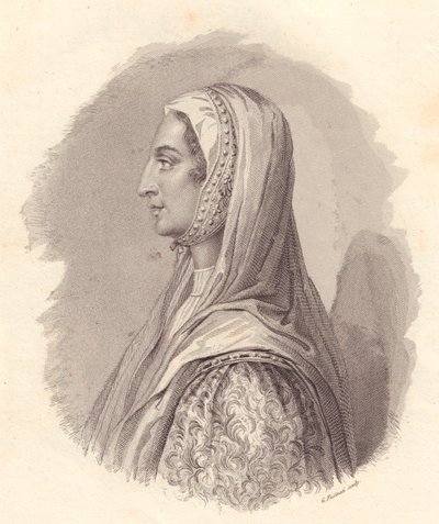 صورة النبيلة الإيطالية بياتريس لاسكاريس دي تندا (1372-1418) ، نقش نحاسي بواسطة جي فوسيناتي من صورة نشرها أنطونيو كامبو بواسطة سيفيريني سيفيريني