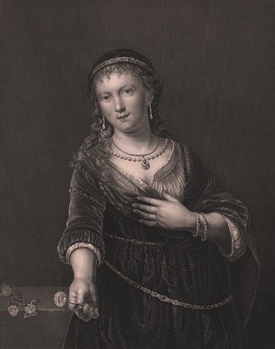 صورة لساسكيا فان أولينبرج (1612-1642) ، زوجة رامبرانت ، نقش دانيال جون باوند من لوحة رامبرانت ، من معرض باين الملكي في دريسدن ، بقلم ألبرت هنري باين ، ناشر إتش باين دريسدن ولايبزيغ ، حوالي عام 1840 بواسطة سيفيريني سيفيريني