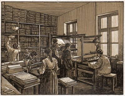 دار الطباعة في بودابست ، المجر: تصفيف وتحضير الكتب. عمل المرأة. كاليفورنيا. 1910 (رسم توضيحي) بواسطة . .