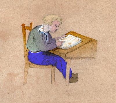 تلميذ في العمل على مكتبه. حوالي عام 1830 (رسم توضيحي) بواسطة . .