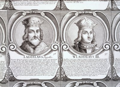 Wladyslaw II Jagiello و Wladyslaw III Warnenczyk ، لا. 36 و 37 من "السلسلة الزمنية لدوقات وملوك البولنديين" (نقش) بواسطة . .