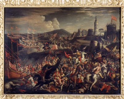 هجوم المسلحين على جزيرة مالطا ، دافع عنه فرسان الإسبتارية عام 1565 بواسطة المدرسة الايطالية