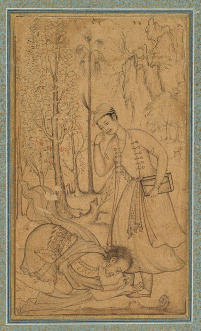 رجل مقدس يسجد نفسه أمام أمير متعلم ، ج. 1585 ، أضاف الحدود ربما 1700. بواسطة مانوهار