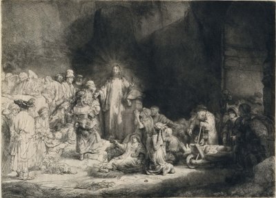 المسيح مع المرضى من حوله ، يستقبل الأطفال الصغار ("طبعة مائة جيلدر") بواسطة رامبرانت فان راين