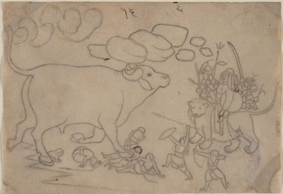 دورجا يواجه الجاموس شيطان ماهيشا: مشهد من ديفي مهاتمية ، كاليفورنيا. 1780. بواسطة سيد الجيل الأول بعد نينسوخ
