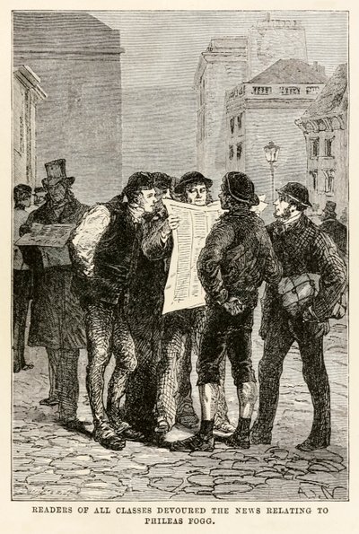 التهم قراء جميع الفئات الأخبار المتعلقة ب Phileas Fogg من Around the World in Eighty Days بقلم جول فيرن (1828-1905) ، نقشها لويس دومون (1822) 1873 بواسطة بعد ألفونس ماري دي نوفيل
