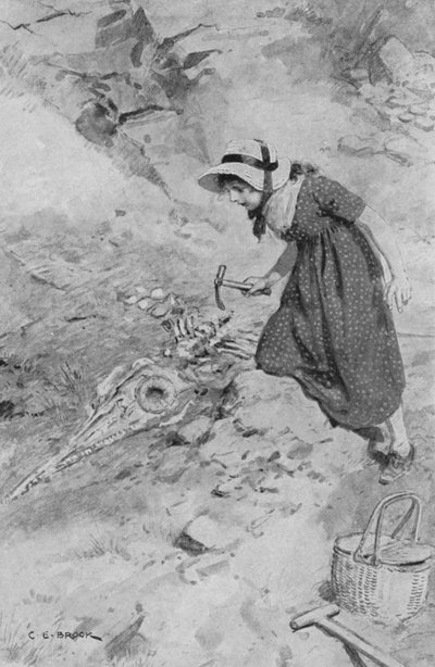 في Lyme Regis ، ماري أنينغ ، البالغة من العمر 12 عامًا ، تأتي على أول Ichthyosaurus وجدت في إنجلترا بواسطة بعد تشارلز إدموند بروك