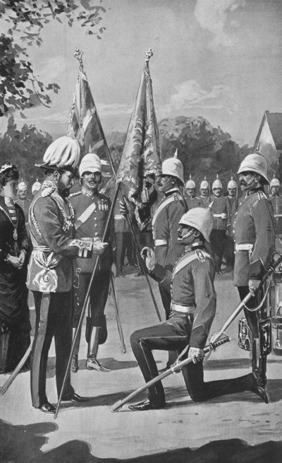 الملك إدوارد يقدم ألوانًا إلى مصاهر الويلزية الملكية ، 16 أغسطس 1880 بواسطة بعد تشارلز ميلز شيلدون