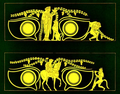 Dionysos ، Hephaistos و satyrs ، رسم توضيحي من لوحات زهرية يونانية بواسطة JE Harrison و DS MacColl ، تم نشره عام 1894 (صورة رقمية محسنة) بواسطة بعد المدرسة الإنجليزية