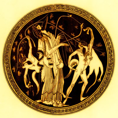 Dionysos و satyrs ، رسم توضيحي من لوحات زهرية يونانية بواسطة JE Harrison و DS MacColl ، تم نشره عام 1894 (صورة رقمية محسنة) بواسطة بعد المدرسة الإنجليزية