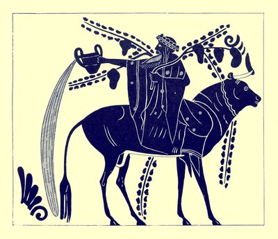 ديونيسوس يركب ثورًا ، رسم توضيحي من لوحات زهرية يونانية بقلم جي إي هاريسون و DS MacColl ، تم نشره عام 1894 (صورة رقمية محسنة) بواسطة بعد المدرسة الإنجليزية