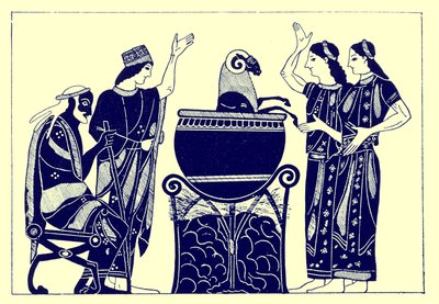 Medea Boiling the Ram ، التوضيح من لوحات زهرية يونانية بواسطة JE Harrison و DS MacColl ، تم نشره عام 1894 (صورة رقمية محسنة) بواسطة بعد المدرسة الإنجليزية
