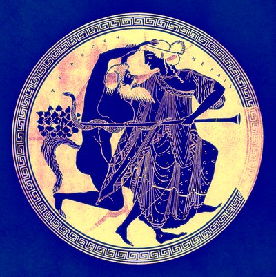 Satyr and Maenad ، رسم توضيحي من لوحات زهرية يونانية بواسطة JE Harrison و DS MacColl ، تم نشره عام 1894 (صورة رقمية محسنة) بواسطة بعد المدرسة الإنجليزية