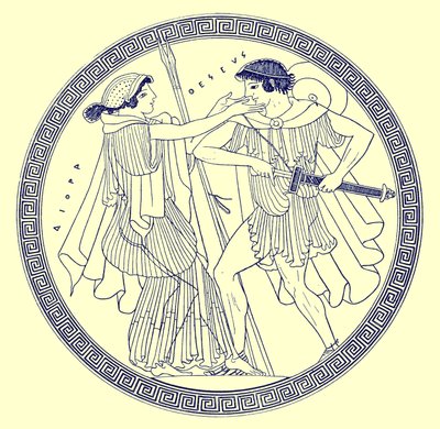 ثيسيوس وإيثرا ، رسم توضيحي من لوحات زهرية يونانية بقلم جي إي هاريسون و DS MacColl ، نشر عام 1894 (صورة رقمية محسنة) بواسطة بعد المدرسة الإنجليزية