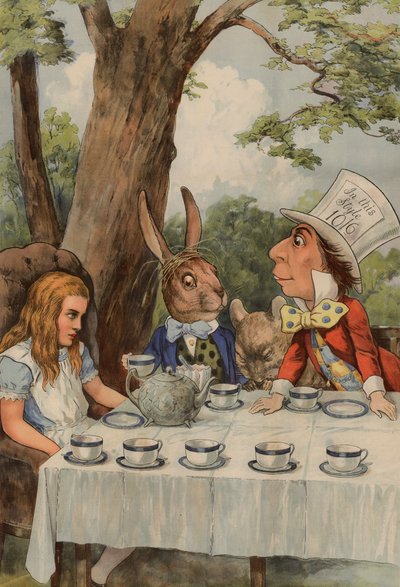ملصق يصور حفل شاي Mad Hatters من أليس في بلاد العجائب بواسطة بعد جون تينيل