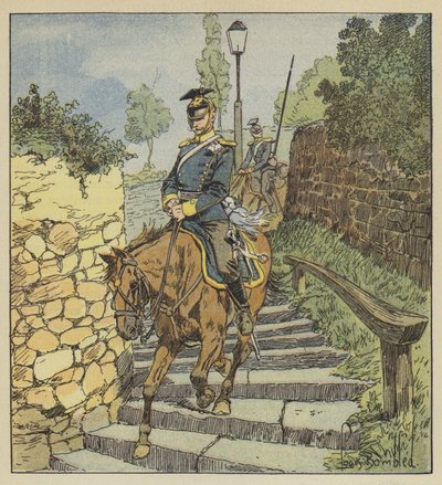 في Chateaudun ، ينحدر اثنان من uhlans المطابق على ظهور الخيل على الدرجات الحجرية من 200 درجة بواسطة بعد لويس تشارلز بومبل